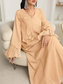 Al Najma 女士3D立体花卉V领宽松长袖优雅摆裙 - 橘色 - 查看 8