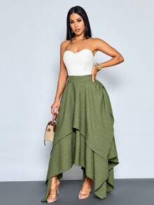 SOLERSUN Women's Elegant High Waist Double-Layer Asymmetric Hem Draped Maxi Skirt - Army Green - View 5