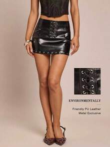 SHEIN Glamour Váy mini ôm sát thời trang bằng da PU có khoen thắt eo trơn màu dành cho nữ - màu đen - Xem 3