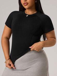 Rhythm Era Kaos Olahraga Lengan Pendek Pas Badan Wanita Ukuran Plus Warna Hitam Tanpa Jahitan - Hitam - View 5