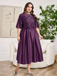 Reflora Plus Size Women Crew Neck Short Sleeve Jacquard Elegant Dress - Purple - View 4