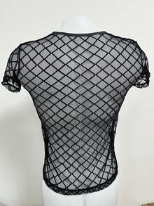 WENEZON 1pc Men's Diamond Mesh Sheer Short Sleeve Casual Plaid T-Shirt Lingerie