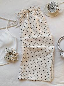 Comfortcana Women's Polka Dot Print Tie Waist Wide Leg Loose Casual Pants - Apricot - View 5