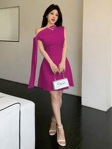 Celisse Women's Asymmetric Tie-Up Waist Short Dress - Purple - View 4