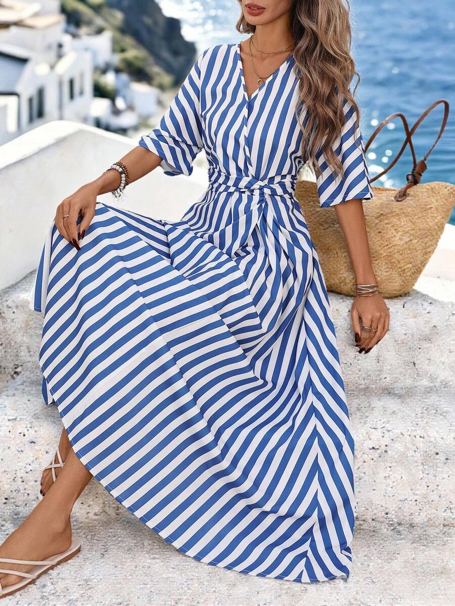 SHEIN Clasi 女士短袖扭结休闲度假简约日常沙滩蓝白浪漫连衣裙，优雅时尚新款 - 藍色 - 查看 1