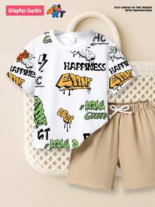 SHEIN GraphicGems 6件套幼儿男童休闲卡通印花圆领短袖T恤和纯色时尚短裤运动套装，适合春、夏、秋季户外活动，随机发货2套 - 墨綠色 - 查看 7