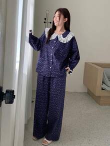 Dazy Plus 两件套加大码女士碎花宽松睡衣套装，含彼得潘领衬衫和长裤，春秋季 - 藏蓝色 - 查看 3