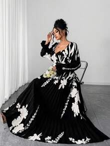SHEIN Elenzya 大码女装时尚定位印花水钻领长袖连衣裙 - 黑色 - 查看 3