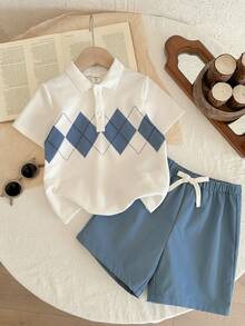 2件套男童针织几何图案休闲T恤和短裤套装 - 彩色 - 查看 3