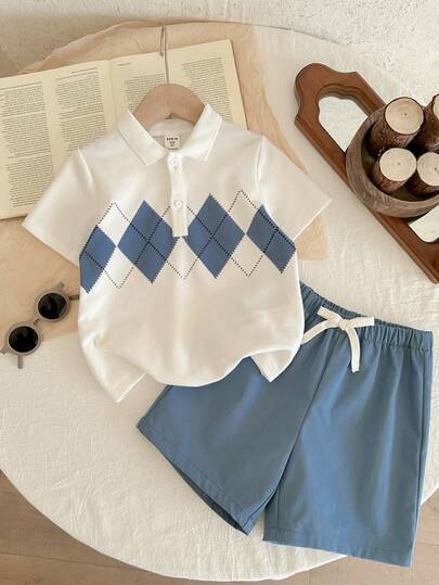 2 st/set för pojke, stickad geometrisk mönstrad t-shirt och shorts