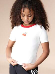 SUMWON Cherry Embroidered Ribbed Short Sleeve Crew Neck Ringer Tee With Contrast Red Trim Summer Casual Top Vacation - White - View 1