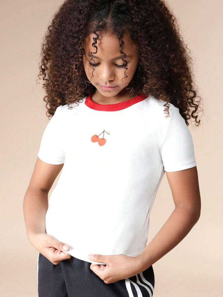 Cherry Embroidered Ribbed Crew Neck Tee