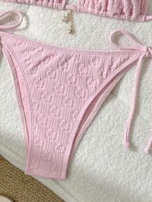 Elavelle Women Solid Color Jacquard Metal Decor Spaghetti Strap Bikini Set For Summer - Pink - View 5