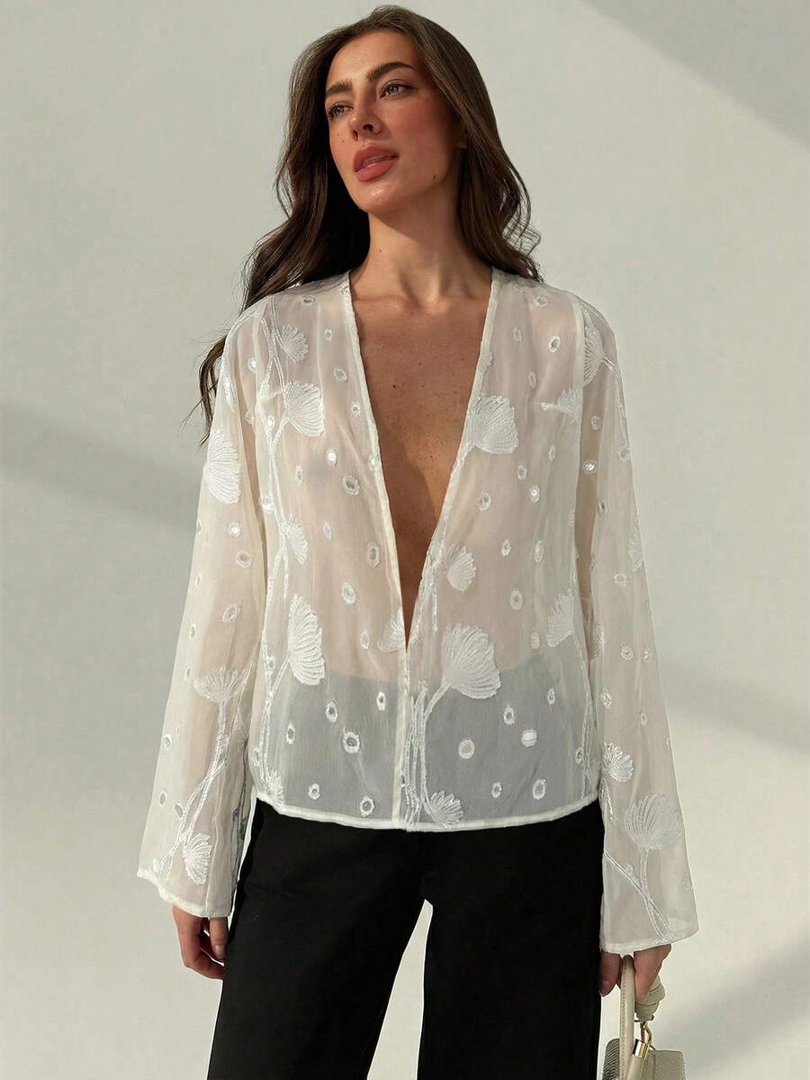 Aloruh Áo kiểu Bohemian dáng rộng, tay loe, cổ chữ V sâu, chất liệu xuyên thấu, gợi cảm dành cho nữ. - Màu be - Xem 1