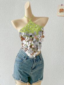 Sunnyshic Sexy Versatile Vacation Style Beaded Halter Knit Top - Green - View 5