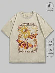 ROMWE Grunge Punk Spring/Summer Mysterious Star, Moon & Butterfly Print Washed Plus Size T-Shirt - Apricot - View 1