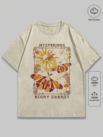 Grunge Punk Maglietta oversize lavata con stampa misteriosa di stelle, luna e farfalle