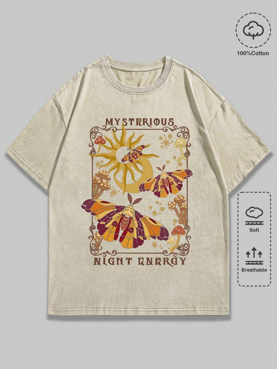 ROMWE Grunge Punk Spring/Summer Mysterious Star, Moon & Butterfly Print Washed Plus Size T-Shirt - Apricot - View 1