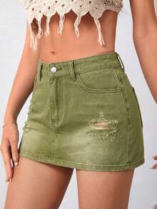 Minifalda de mezclilla lavada y rasgada de verano casual para mujer - Verde - Ver 3
