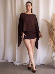 Andrea Bello 2025秋冬新款通勤优雅休闲度假宽松棕色长袖衬衫+迷你裙裤子女两件套，旅行，通勤，派对，度假，老款风格，购物，宴会，优雅，聚会，约会，休闲-A - 棕色 - 查看 1