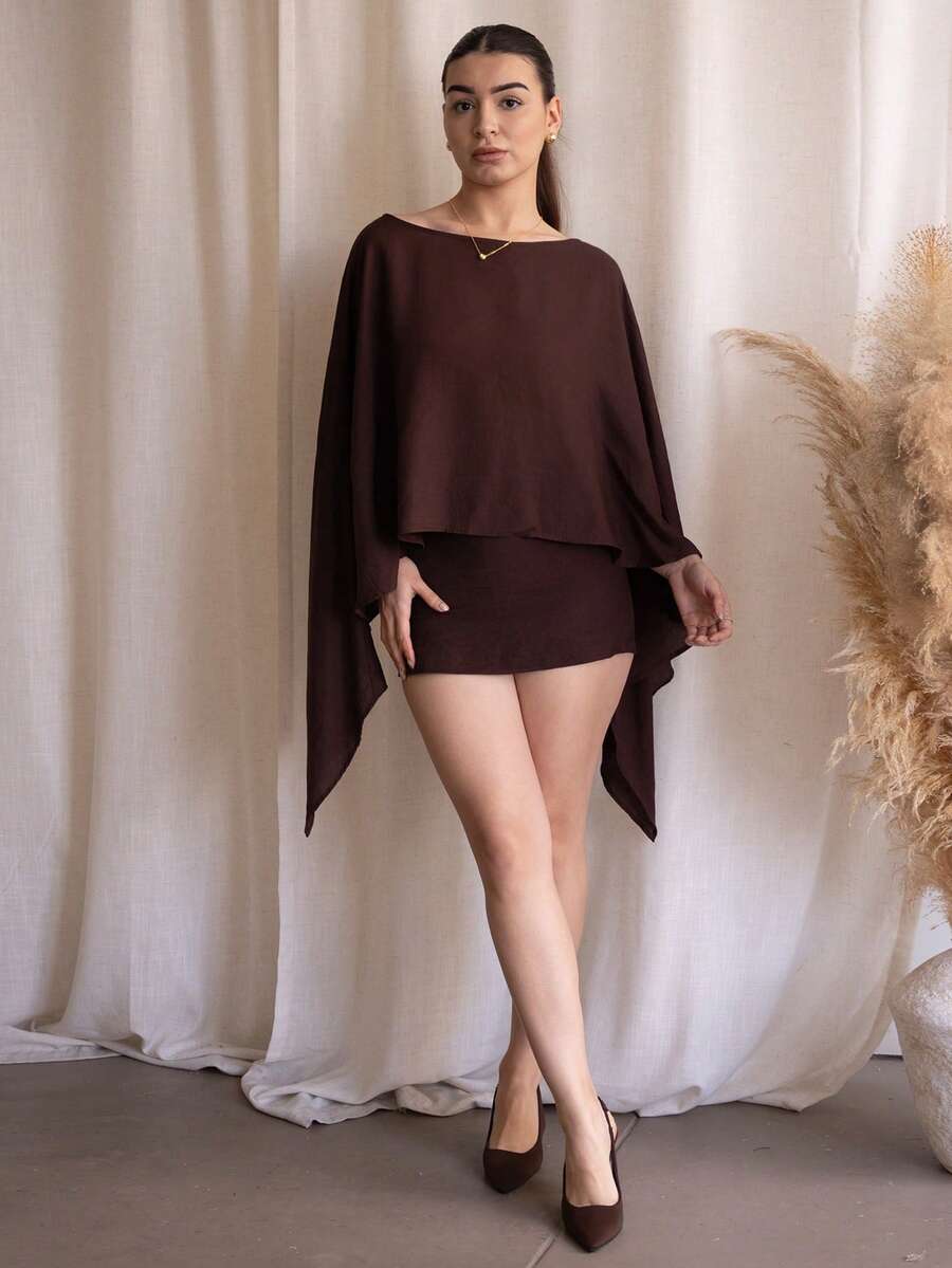 Andrea Bello 2025秋冬新款通勤优雅休闲度假宽松棕色长袖衬衫+迷你裙裤子女两件套，旅行，通勤，派对，度假，老款风格，购物，宴会，优雅，聚会，约会，休闲-A - 棕色 - 查看 1