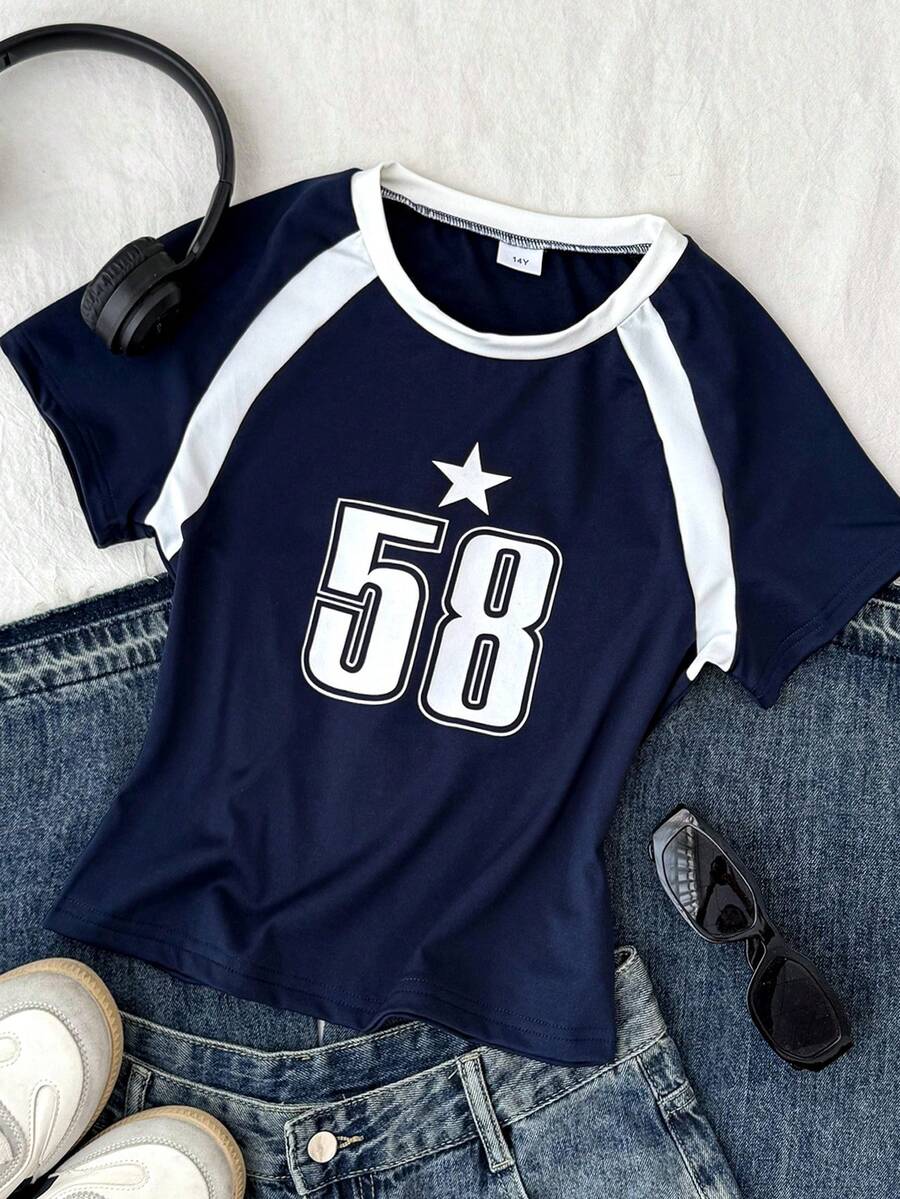 TEENGIRL Blue Fitted Round Neck Contrast Trim T-Shirt For Street Dance, Racing Badge & Letter Graphic Tee - Blue and White - View 1