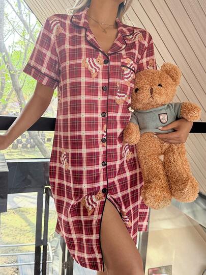SHEIN Napfluff Bubble Wrinkle Plaid Bear Collar Shirt Nightgown