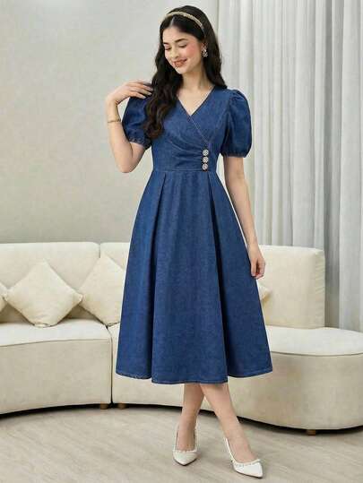 SHEIN Vestido largo de mezclilla con decoración de botones de perlas falsas, volantes y dobladillo para niñas adolescentes en primavera y verano, Año Nuevo, estilo "Clean Girl"/elegante rojo, vestido de princesa para temporada de bodas, vintage, playa, mar, elegante, atuendo de graduación