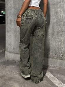 SHEIN Tall Tall Waist Tie Distressed Washed Straight Leg Jeans - Dark Wash - View 2