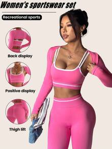 SHEIN Sovereign Charm 3Pcs Women's Fashion Elastic Contrast Trim Cropped Sports Bra And Bolero Shrug Top With Leggings Sports Set - Pink - View 1