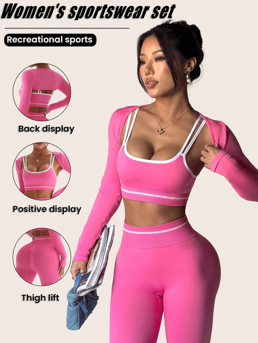 SHEIN Sovereign Charm 3Pcs Women's Fashion Elastic Contrast Trim Cropped Sports Bra And Bolero Shrug Top With Leggings Sports Set - Pink - View 1
