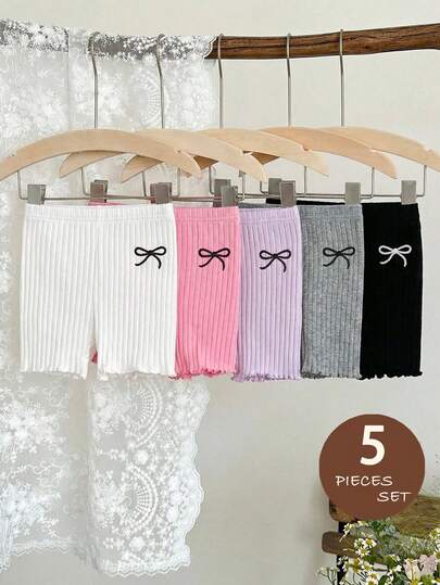 SHEIN 5件套女婴纯色刺绣针织短裤套装