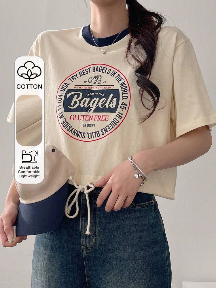Women Loose Fit Color Block Printed Waist Tie T-Shirt Graphic Tee