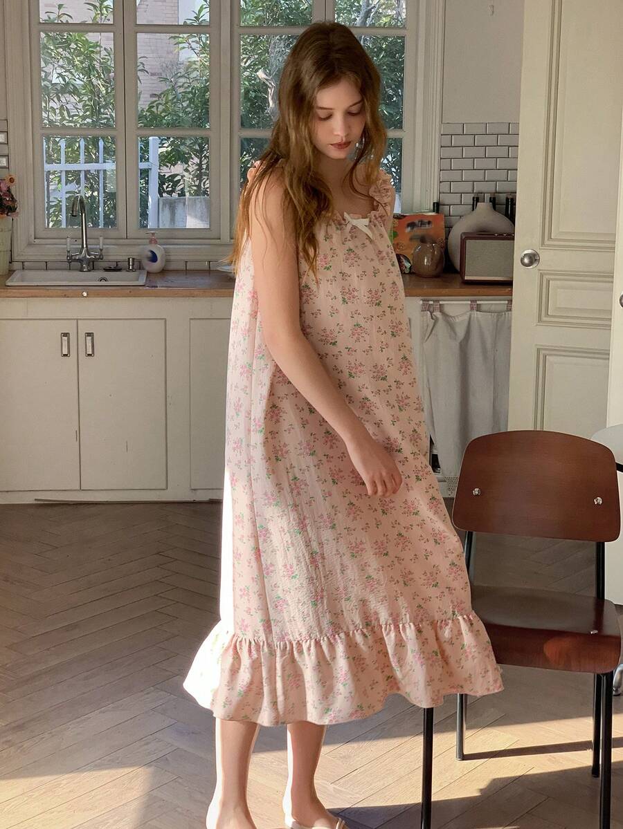 DAZY Đầm casual in hoa xếp nếp cho bé gái tuổi teen, thích hợp mặc ở nhà vào mùa xuân và lễ Phục sinh. - Hồng - Xem 1