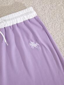 SHEIN Conjunto informal de blusa de manga larga con volantes y estampado de caballero y contraste de color, y pantalones para adolescentes - Morado - Ver 7