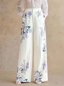 Anewsta Spring New Fashion Commuter Versatile Floral Print Women Pants - Beige - View 4