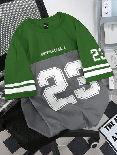 Aesthetic Post Camiseta holgada de verano con estampado numérico y de letras, a rayas y de contraste de color, para uso casual, diario y deportivo