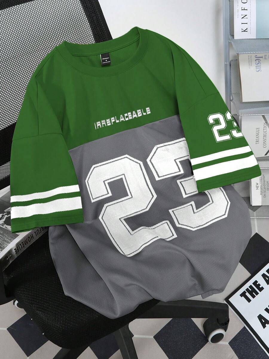 Manfinity Campus Court Men's Casual Everyday Commute Fashion Street Sporty Numeric & Letter Print Striped Contrast Color Loose Fit T-Shirt, Summer - Multicolor - View 1