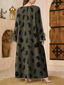 SHEIN Najma Plus Size Women's Leaf & Plant Print V-Neck Tie Front Long Sleeve Elegant Arabic Style Maxi Dress, Spring - Multicolor - View 2