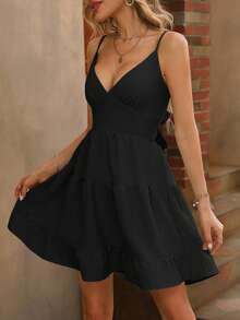 Breezaya Petite Petite Tie Backless Ruffle Hem Cami Dress For Vacation Black Dress Ruffle Dress - Black - View 2