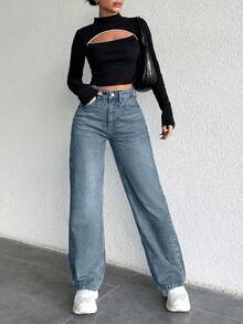 EURMUSE 100%Cotton Straight Slant Pocket Casual Washed Jeans - Baby Blue - View 5