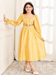 SHEIN Đầm dài tay cổ vuông thời trang và thanh lịch dành cho bé gái tuổi teen - Màu vàng - Xem 6