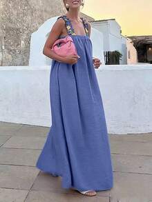 SHEIN LUNE Plus Size Women's Lemon Print Contrast Color Backless Casual Dress, Spring/Summer - Blue - View 3