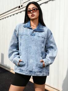 SHEIN Unity Plus Size Women Y2K Fashion Casual Washed Denim Jacket - Light Wash - View 1