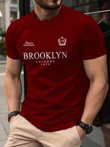 Manfinity Homme 男士休闲印花圆领短袖T恤 - 酒紅色 - 查看 2