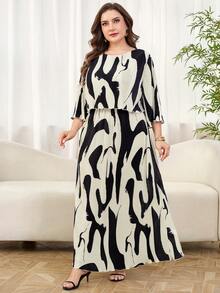 Reflora 大码女式印花圆领七分袖休闲宽松连衣裙 - 黑與白 - 查看 3