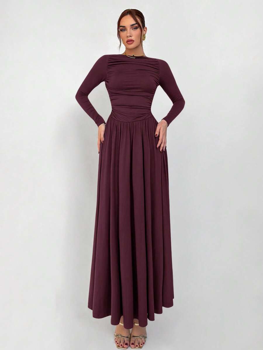 Aloruh Đầm dệt kim dài tay xếp ly màu trơn dành cho nữ - Màu Tím - Xem 1