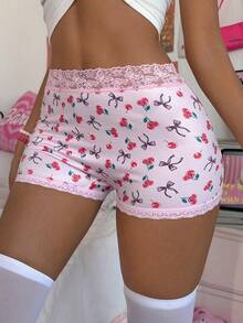 Eraneu 女士樱桃印花蕾丝拼接三角裤 - 彩色 - 查看 4