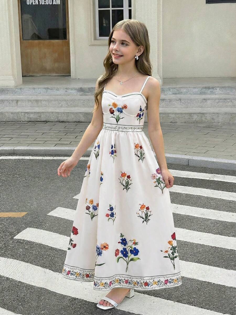 SHEIN Serisse Kids Tween Girl Ditsy Floral Sleeveless Mid-Length Dress - Multicolor - View 1