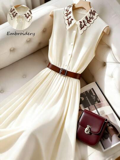 SHEIN Franclia Women's Embroidered Collar Waist A-Line Dress, Elegant & Refined, Suitable For Daily Commute, Business, Romantic Dates, Parties, Christmas, Spring/Summer Short Sleeve